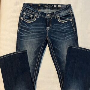 Miss Me Blue Boot Cut Jeans with Contrast Stitching and Vintage Fading